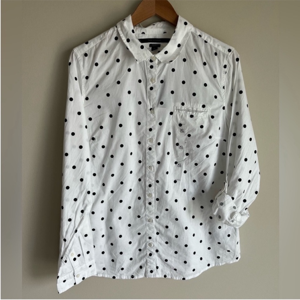 Tommy Hilfiger NWT White w/ Navy Polka Dot Button Down 100% Cotton Top Size XL
